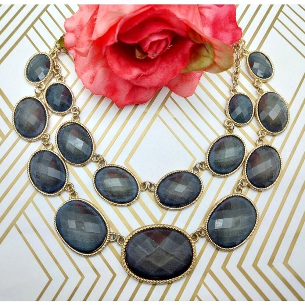 NWOT Gold Tone Smokey Gray Statement Collar Double Bib Pendant Necklace 20 Inch